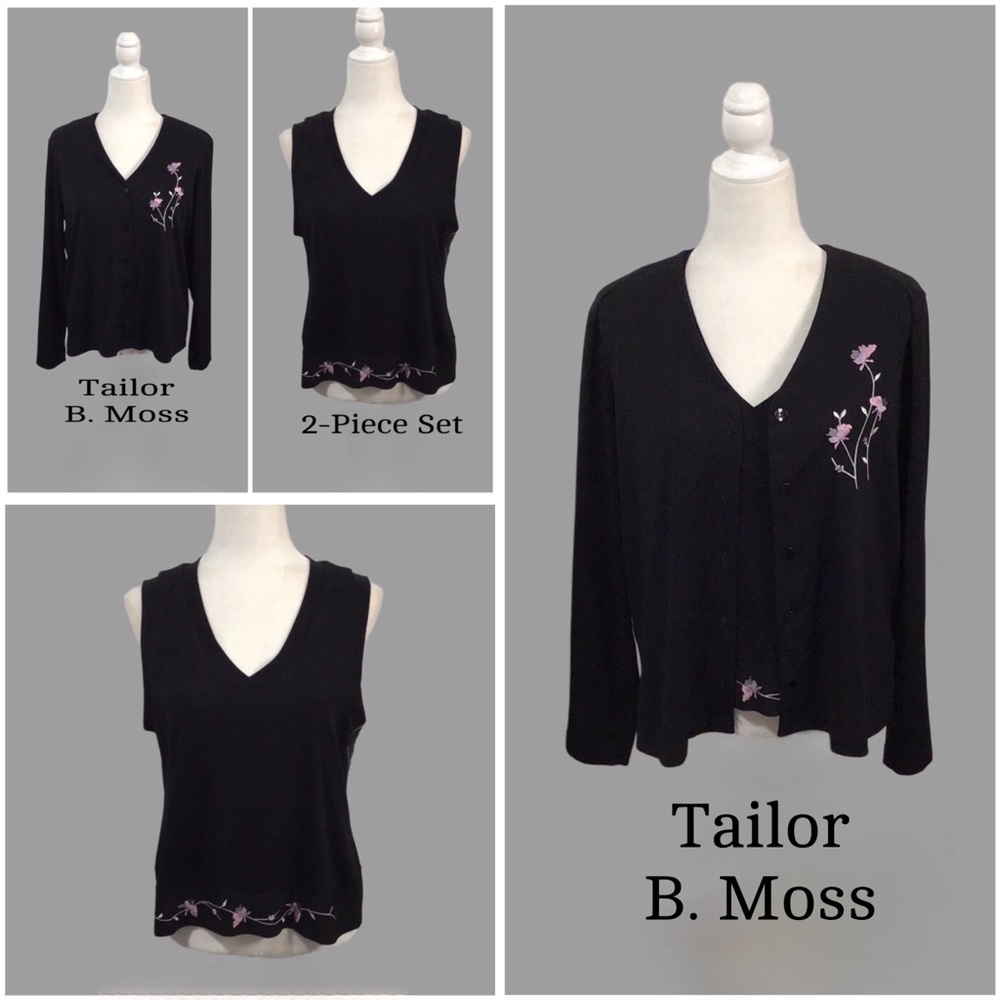 TAILOR B MOSS Black Embroidered Jacket and Shell w/Embroidered Flowers, Size L